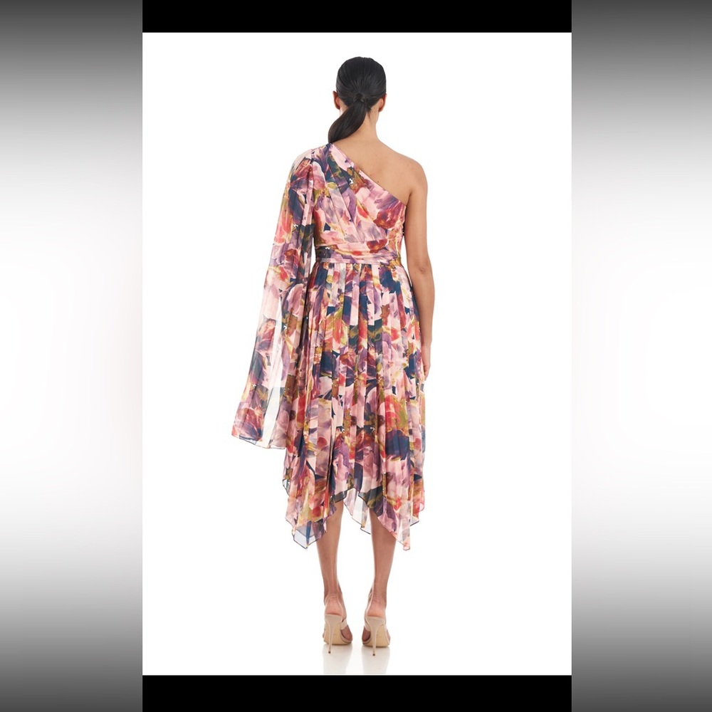 Kay Unger Lilah Tea Length Floral One-Shoulder Dress - Picture 3 of 12